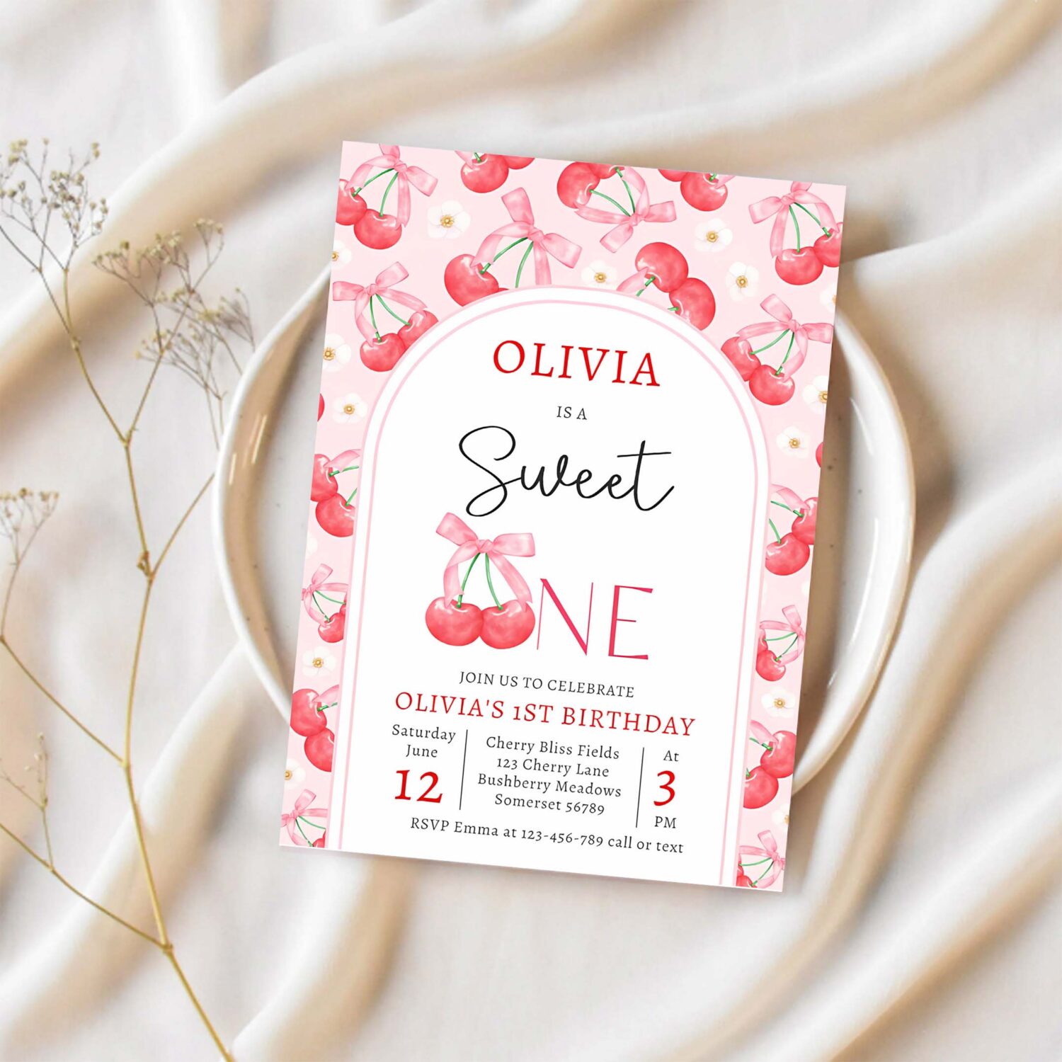 Cherry 1st birthday party coquette cherry birthday invitation q75q 1
