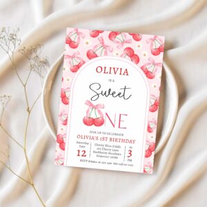 Cherry 1st birthday party coquette cherry birthday invitation q75q 1