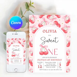 Cherry Invitation, Cherry 1st Birthday Party Coquette Cherry Birthday Invitation