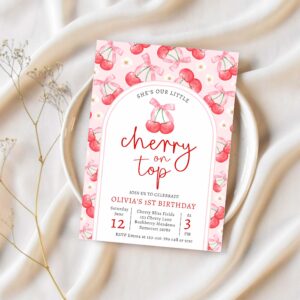 Cherry 1st birthday party coquette cherry birthday invitation x43q 1