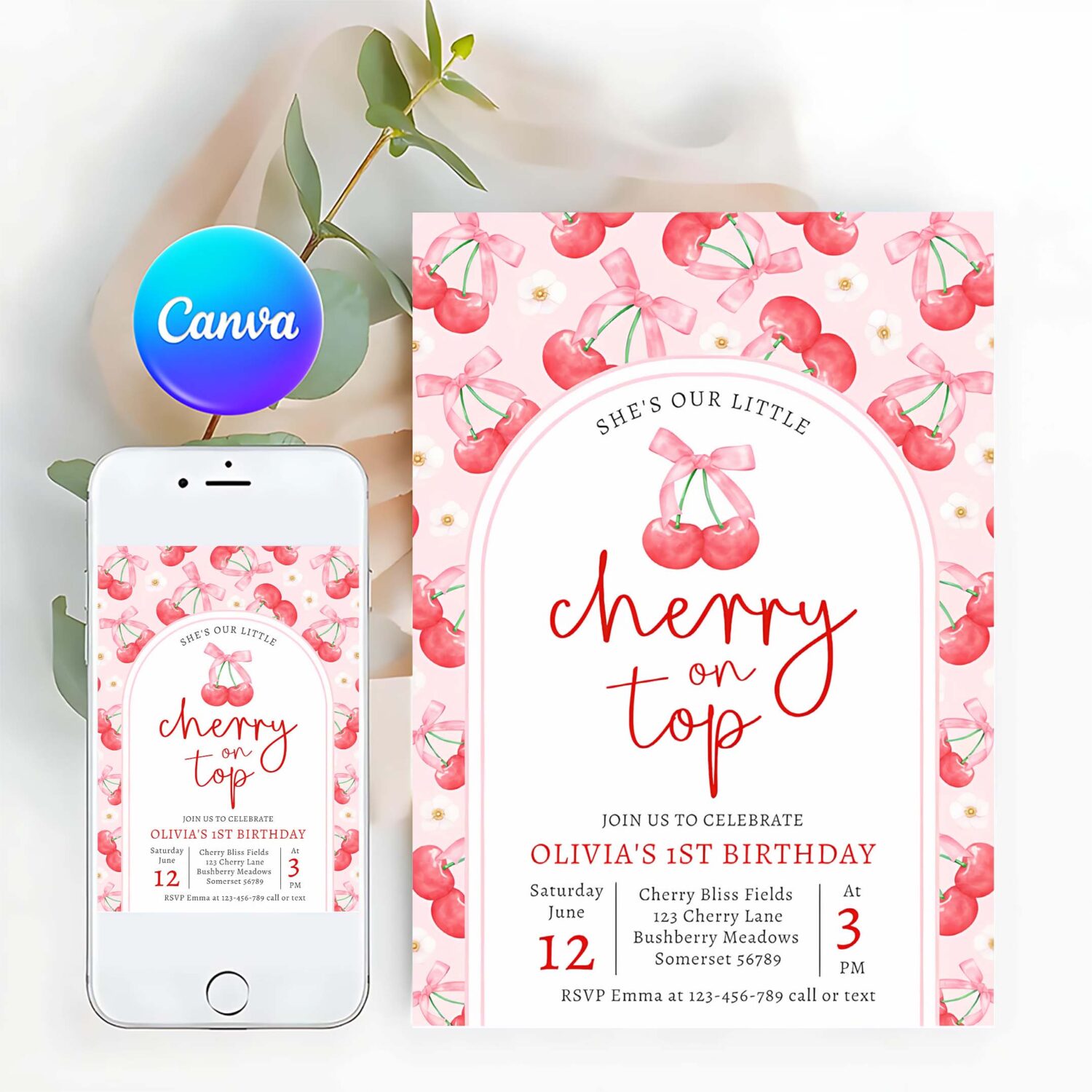 Cherry 1st birthday party coquette cherry birthday invitation x43q