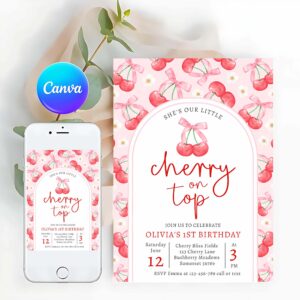 Cherry Invitation, Cherry 1st Birthday Party Coquette Cherry Birthday Invitation