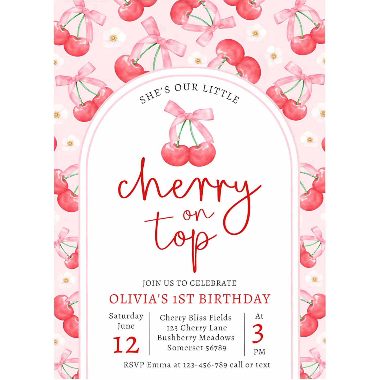 Cherry 1st birthday party coquette cherry birthday invitation x43q 4