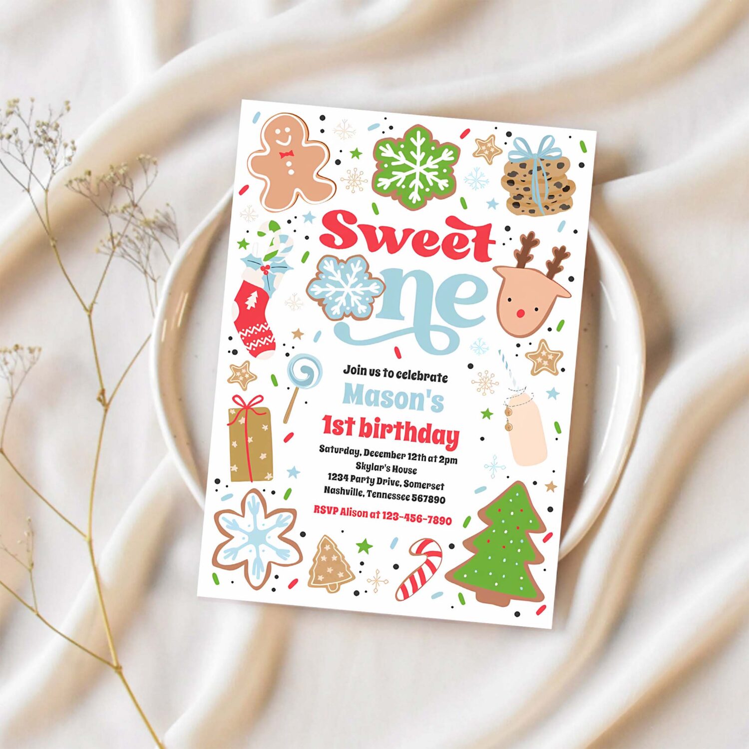 Christmas cookie sweet one 1st birthday party invitation p60t 1