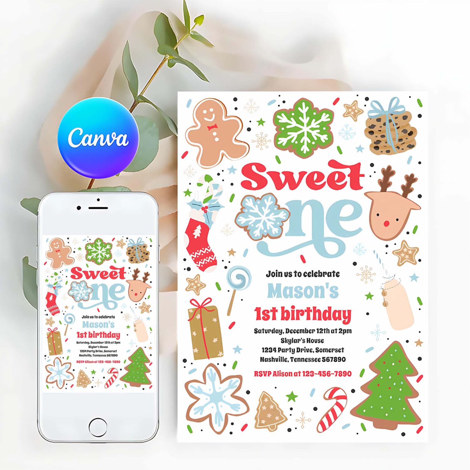 Christmas cookie sweet one 1st birthday party invitation p60t