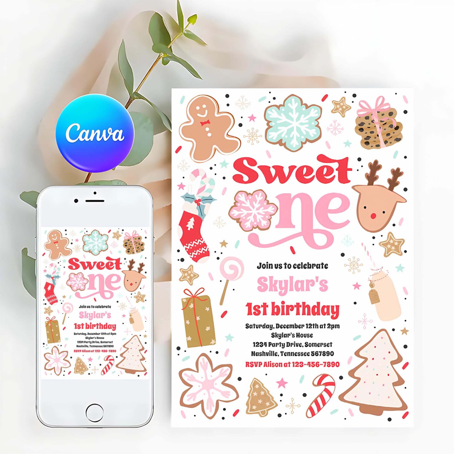 Christmas cookie sweet one 1st birthday party invitation x98y