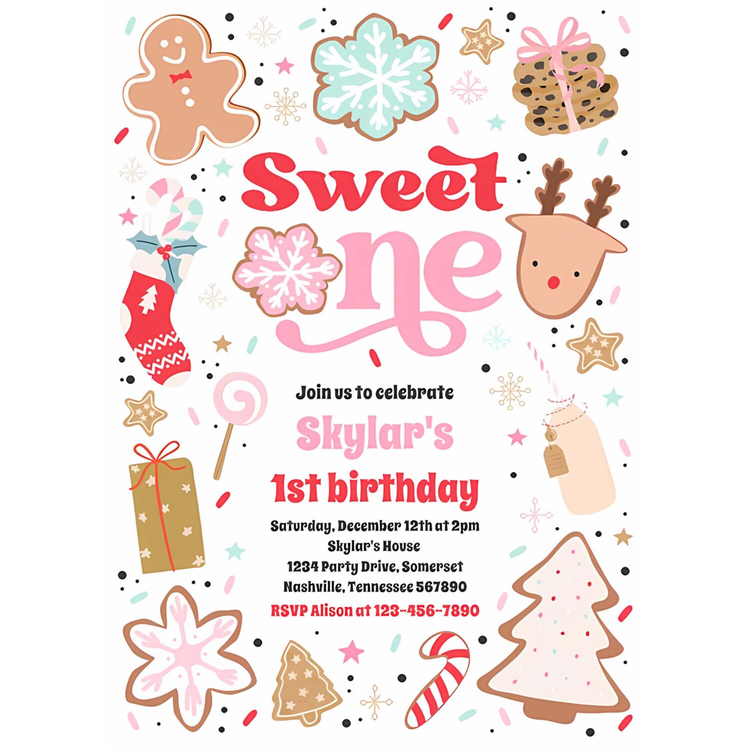 Christmas cookie sweet one 1st birthday party invitation x98y 4