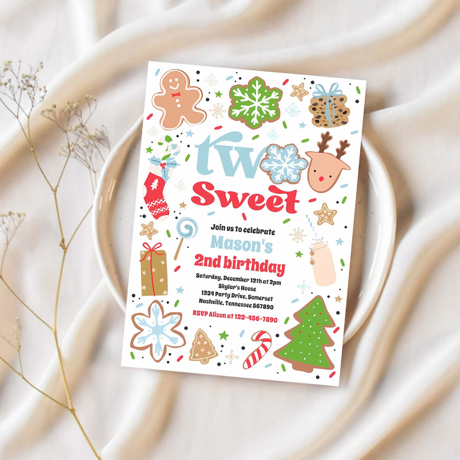 Christmas cookie two sweet 2nd birthday party invitation a96s 1