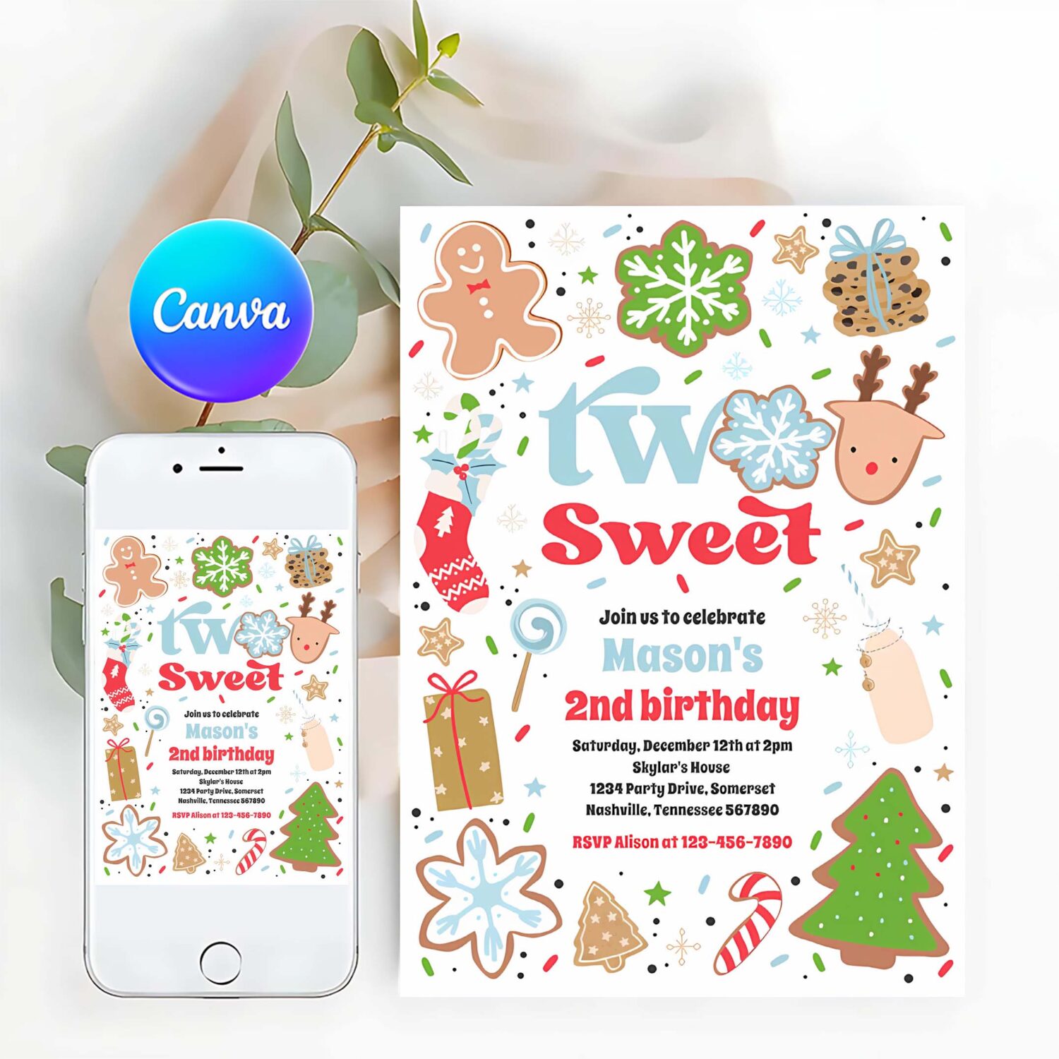 Christmas cookie two sweet 2nd birthday party invitation a96s