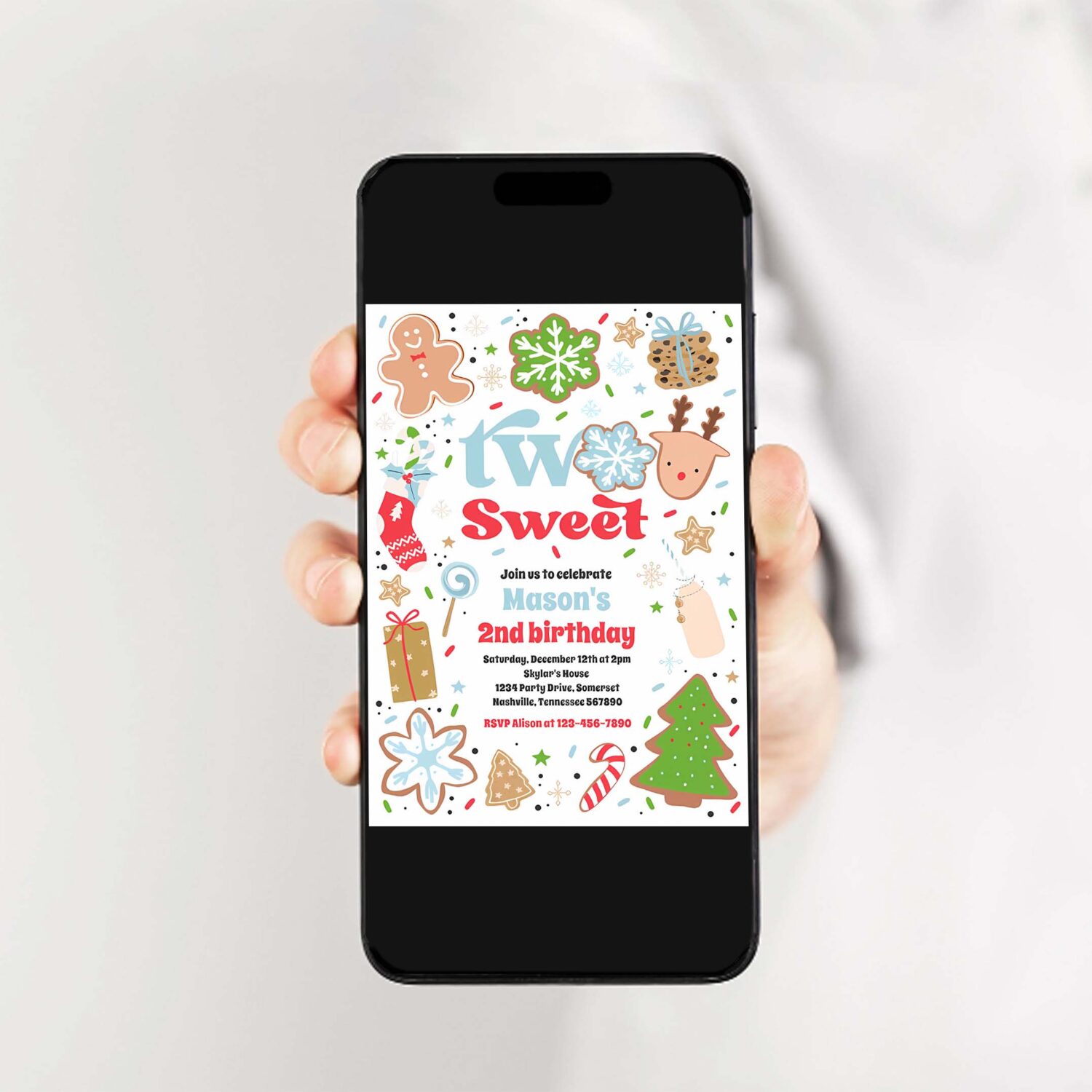 Christmas cookie two sweet 2nd birthday party invitation a96s 2