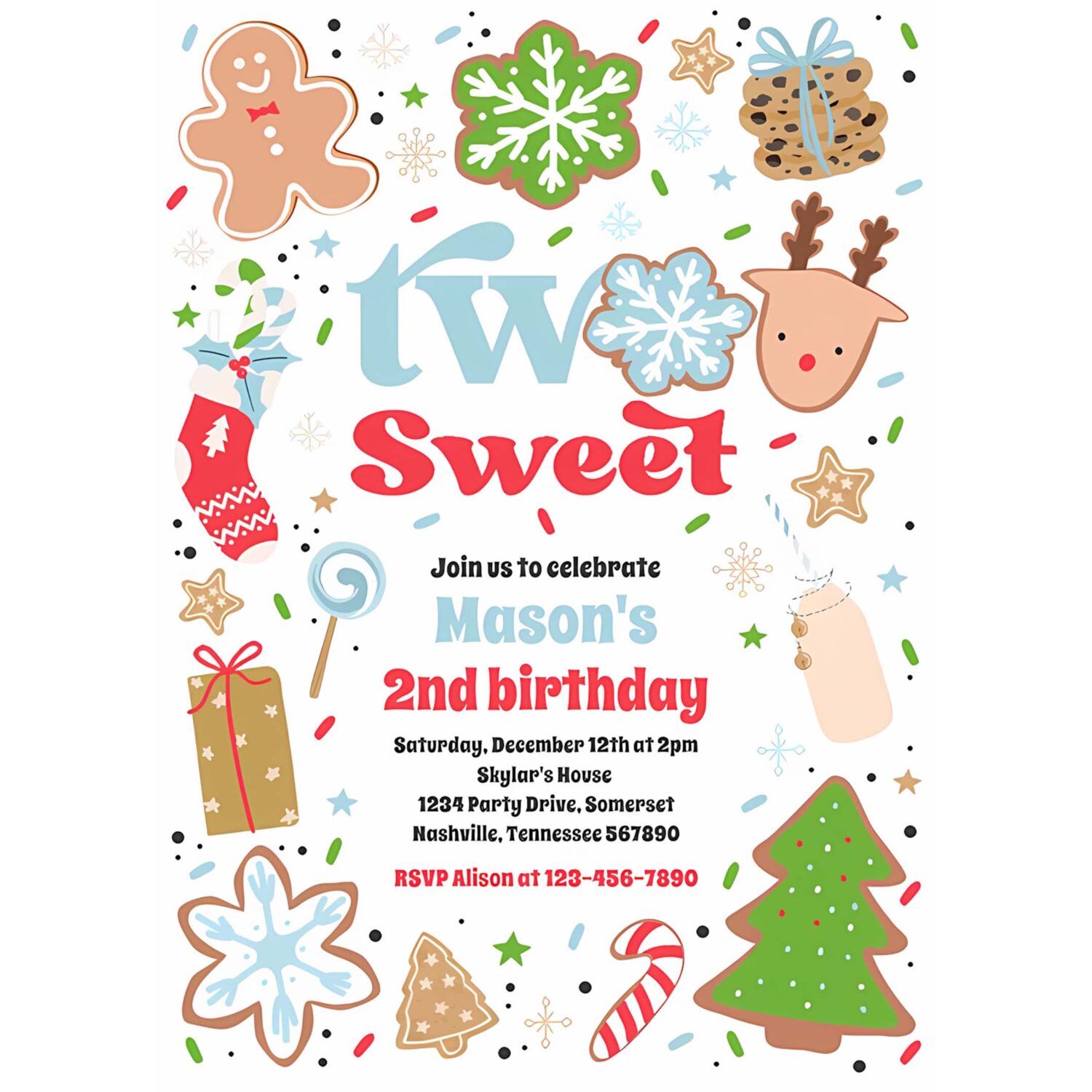 Christmas cookie two sweet 2nd birthday party invitation a96s 4