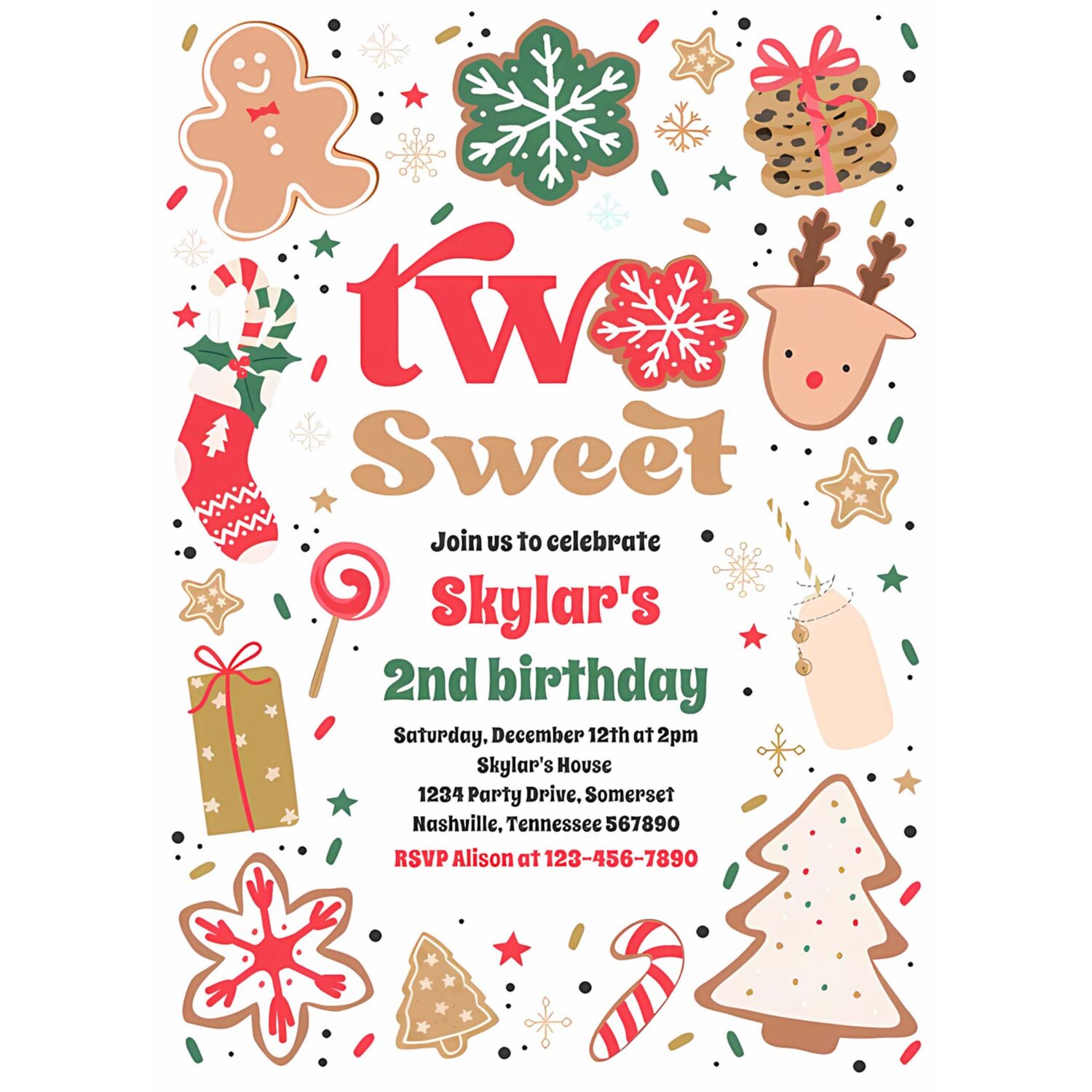 Christmas cookie two sweet 2nd birthday party invitation z85u 4