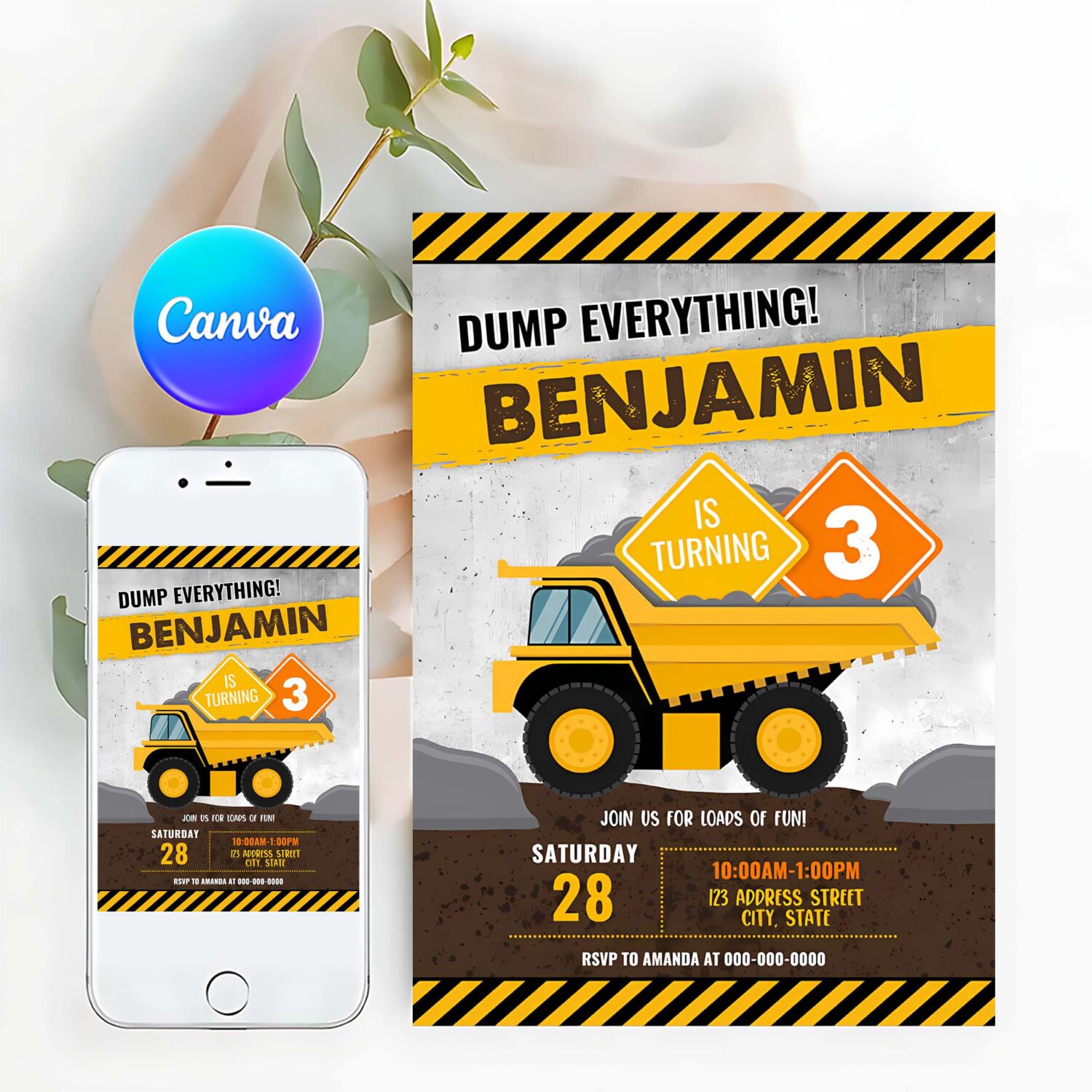 Construction birthday printable invitation construction invitation dump truck invitation party invite