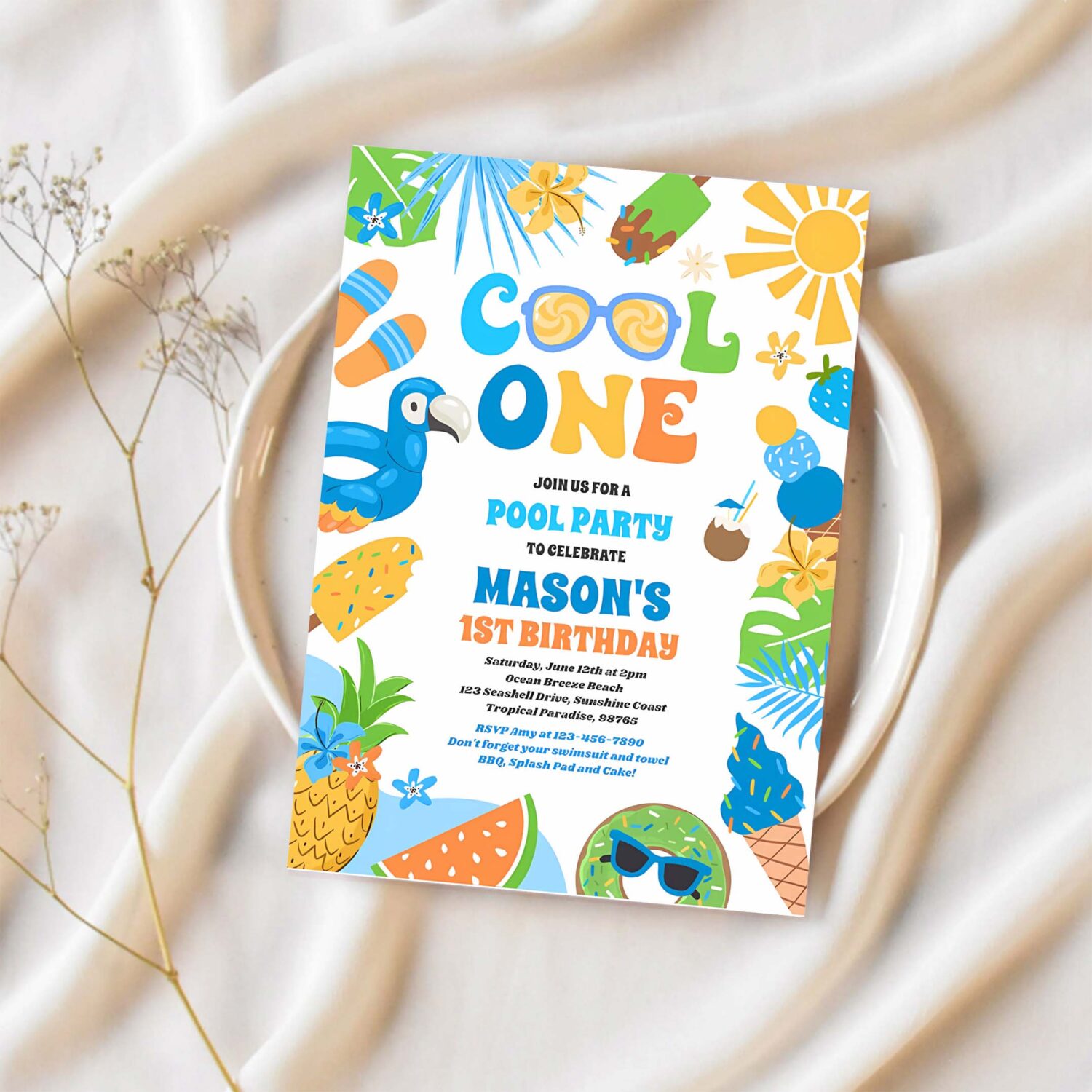 Cool one tropical summer beach 1st birthday party invitation f66f 1