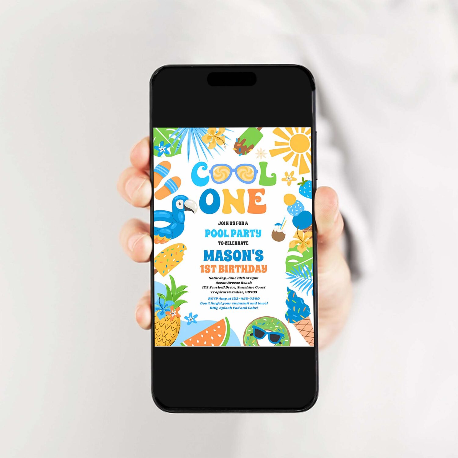 Cool one tropical summer beach 1st birthday party invitation f66f 2