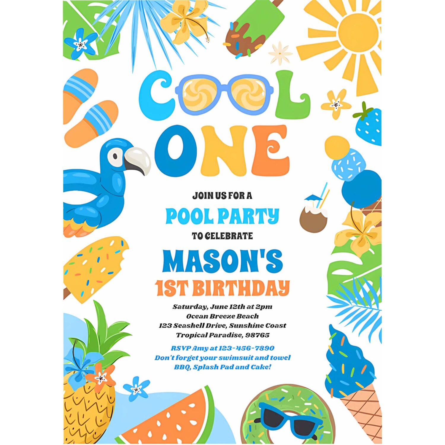 Cool one tropical summer beach 1st birthday party invitation f66f 4
