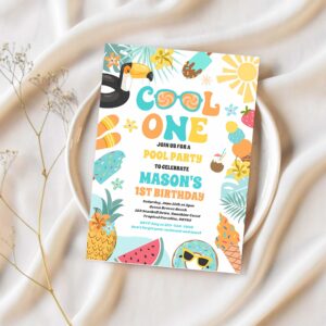 Cool one tropical summer beach 1st birthday party invitation n71h 1