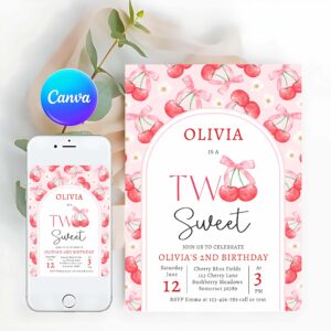 Coquette Cherry Two Sweet 2nd Birthday Party Invitation