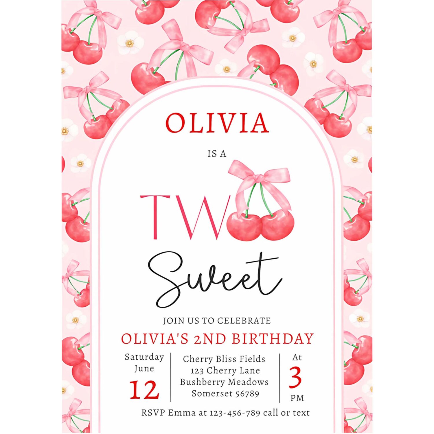Coquette cherry two sweet 2nd birthday party invitation i59y 4