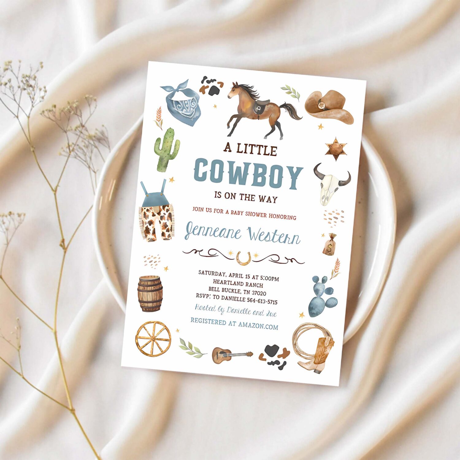 Cowboy baby shower invitation blue little cowboy invite wild west theme ranch its a boy 1
