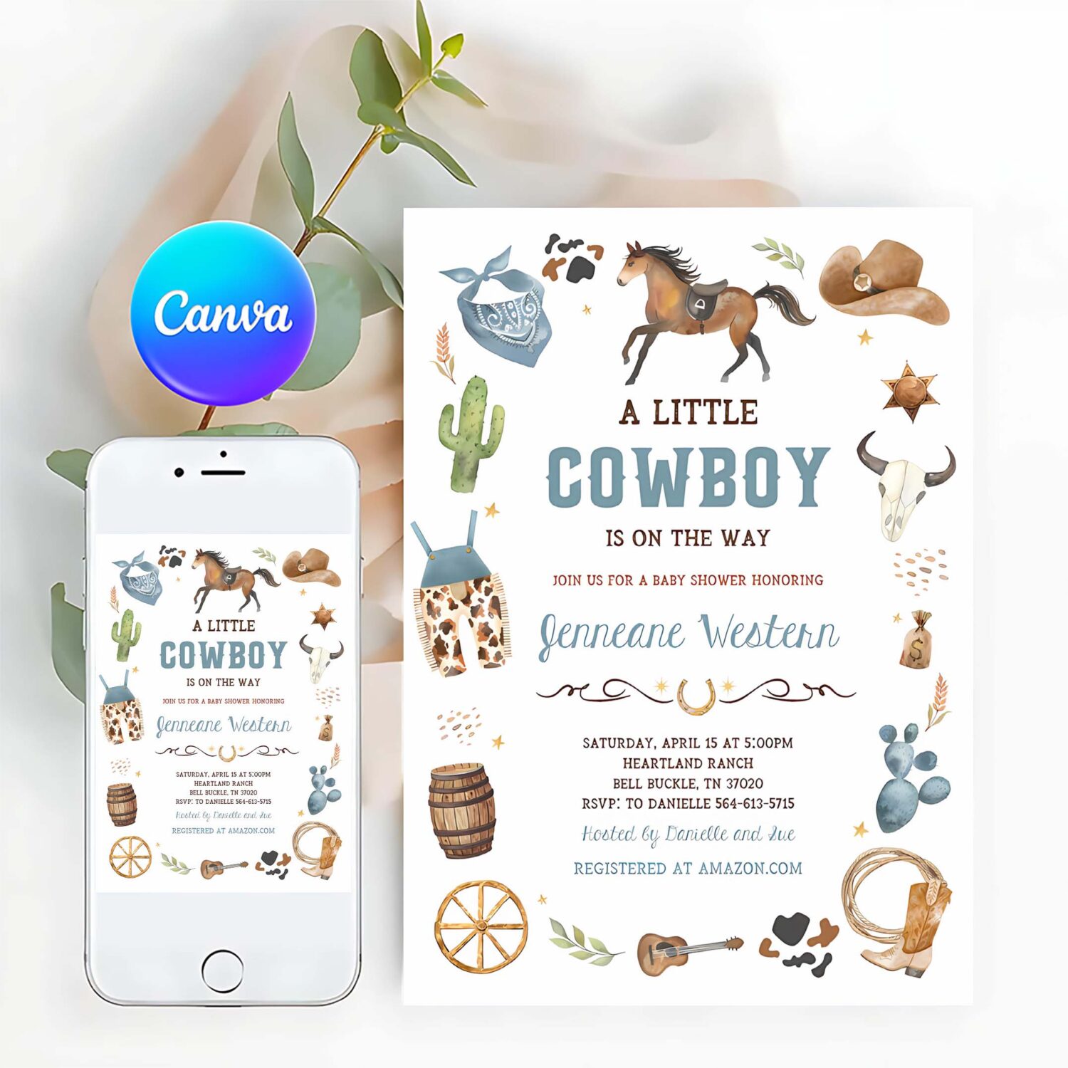 Cowboy baby shower invitation blue little cowboy invite wild west theme ranch its a boy