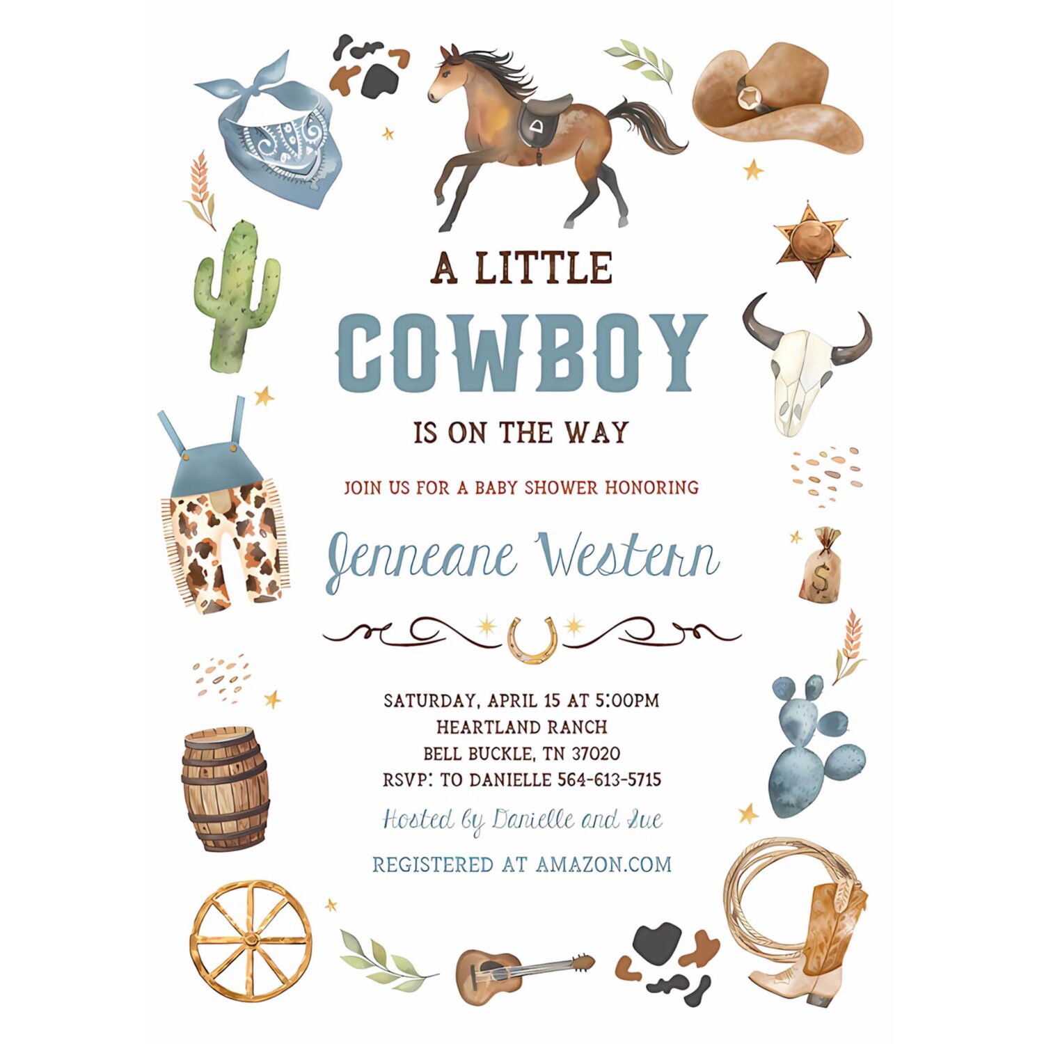 Cowboy baby shower invitation blue little cowboy invite wild west theme ranch its a boy 4