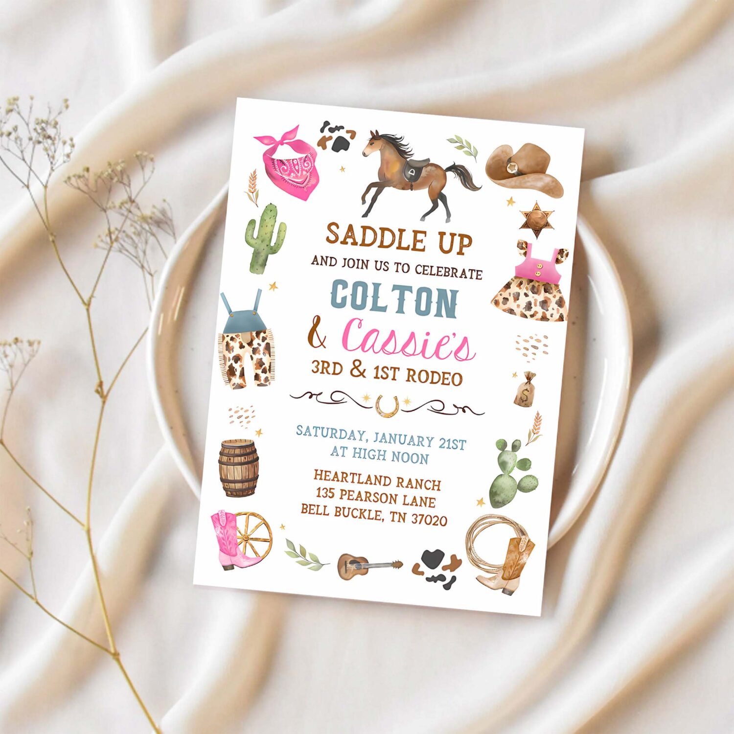 Cowboy cowgirl birthday invitation blue pink 1st rodeo party invite wild west theme sibling 1