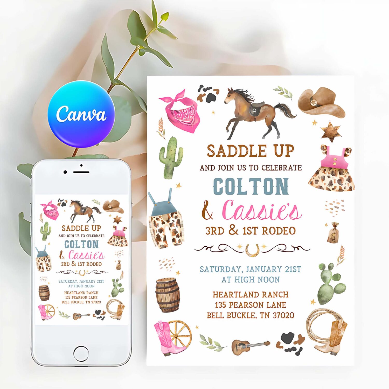 Cowboy cowgirl birthday invitation blue pink 1st rodeo party invite wild west theme sibling