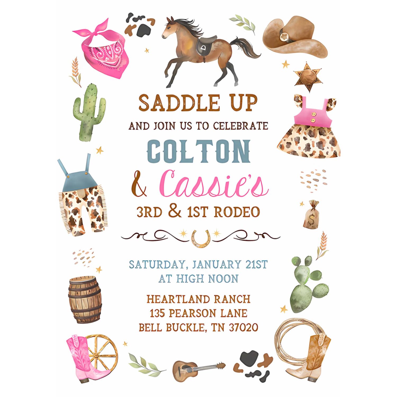 Cowboy cowgirl birthday invitation blue pink 1st rodeo party invite wild west theme sibling 4