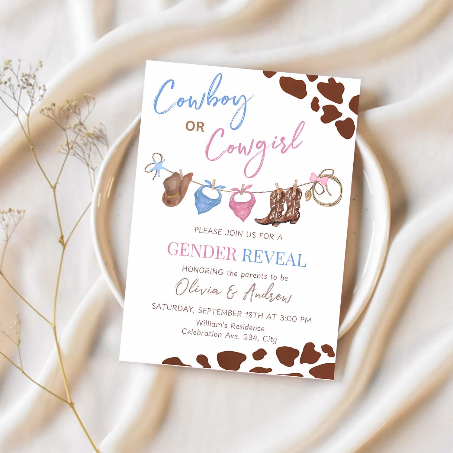 Cowboy or cowgirl gender reveal invitation western boy or girl reveal invite 1