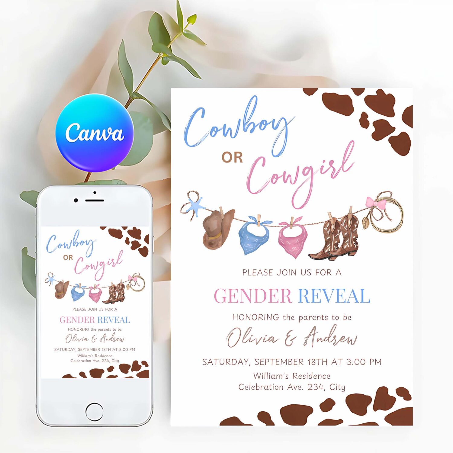 Cowboy or cowgirl gender reveal invitation western boy or girl reveal invite