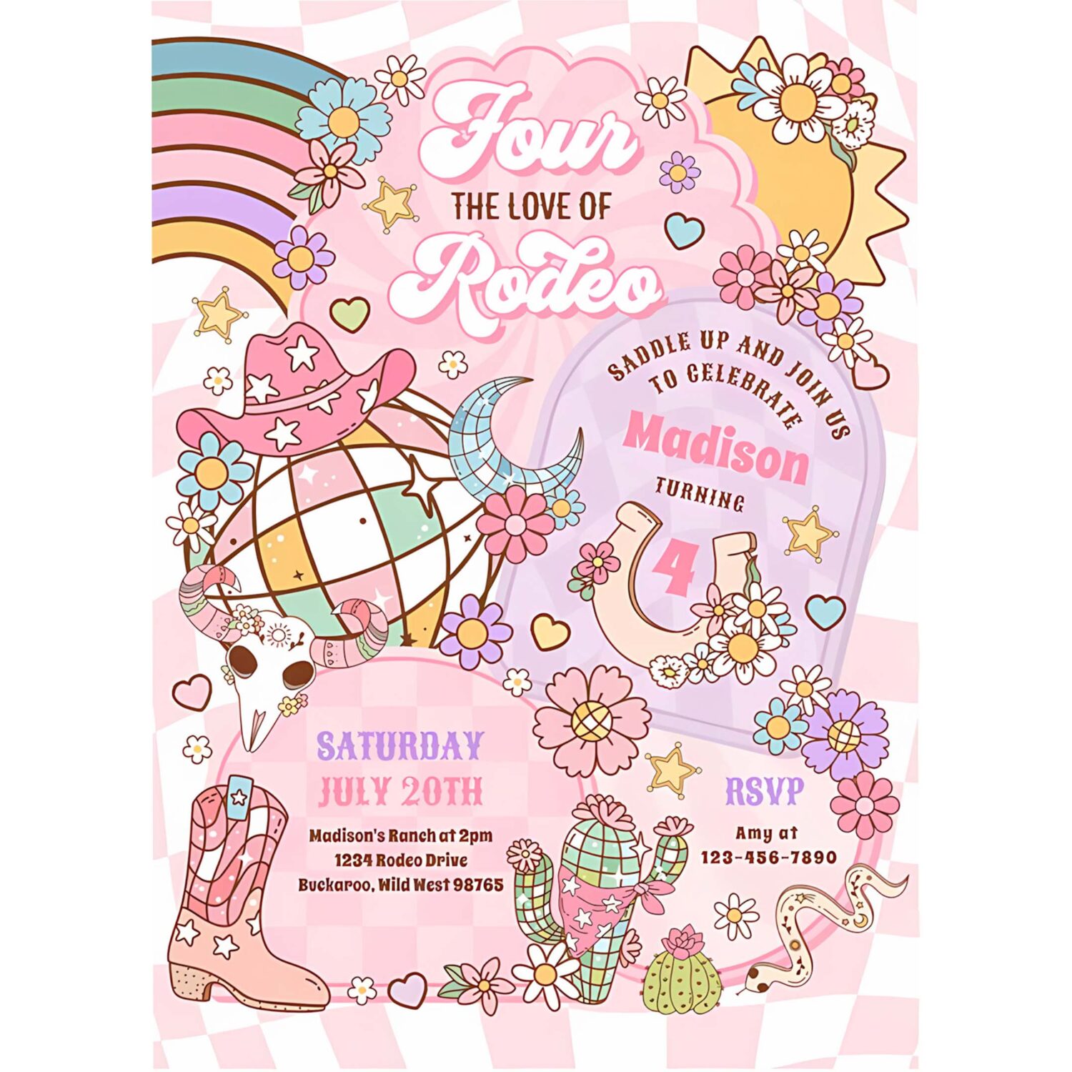 Cowgirl four the love of rodeo 4th birthday party invitation o26c 4