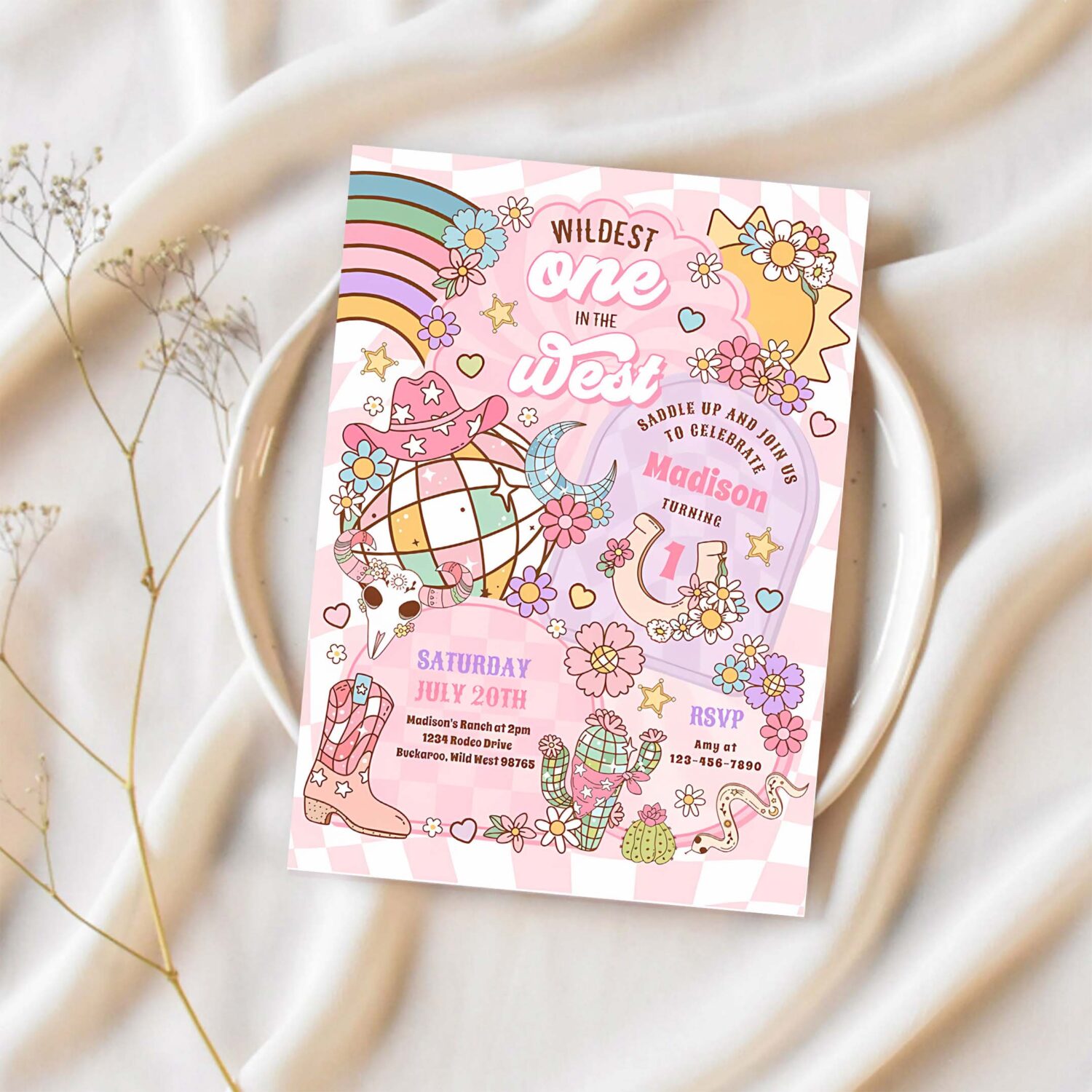 Cowgirl rodeo wildest one in the west 1st birthday invitation r12e 1
