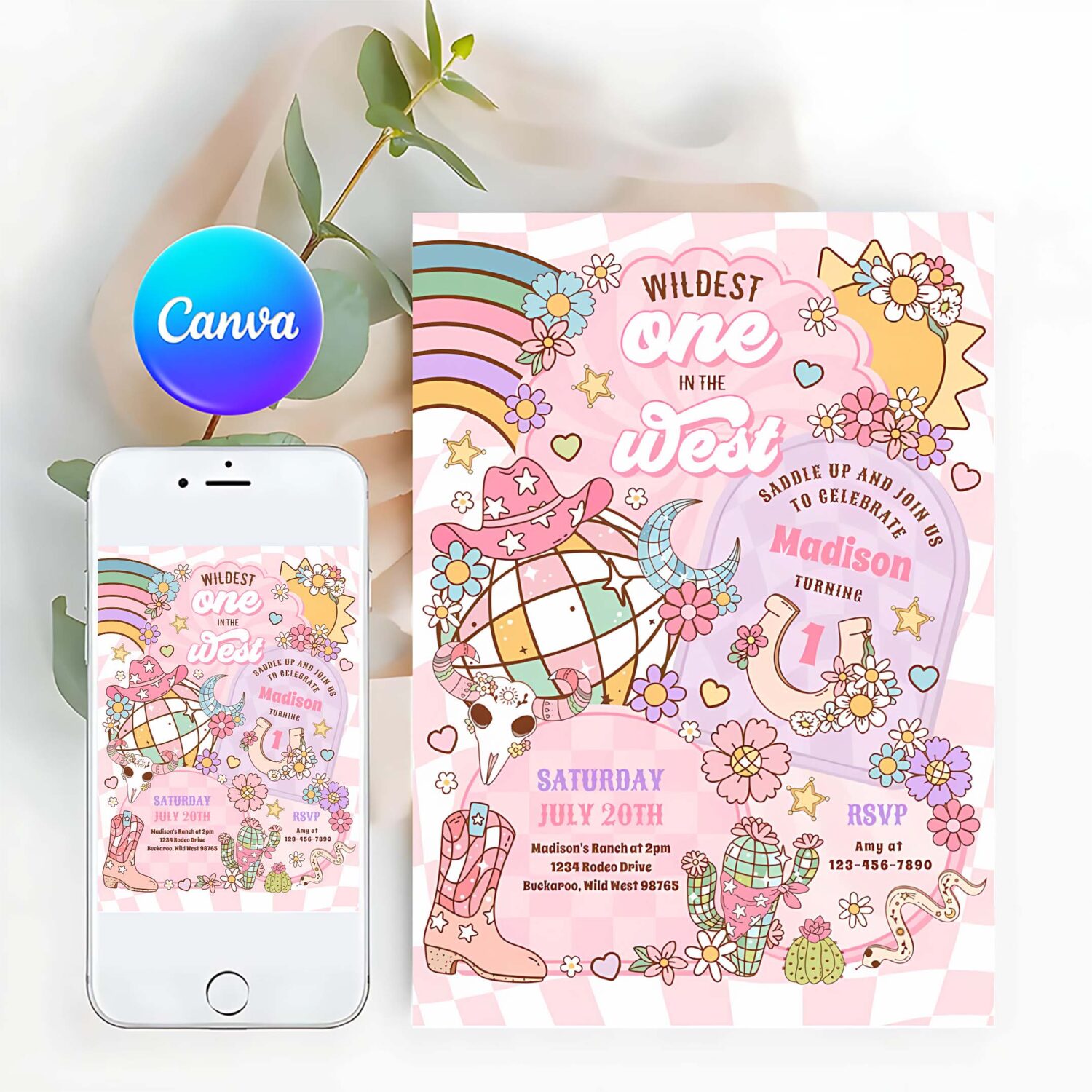 Cowgirl rodeo wildest one in the west 1st birthday invitation r12e