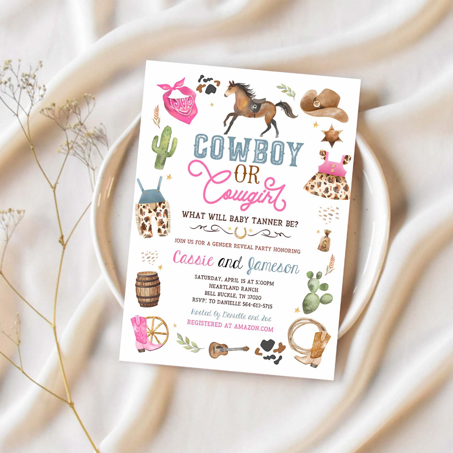 Cowgirl or cowboy gender reveal invitation boy or girl wild west baby shower invite 1