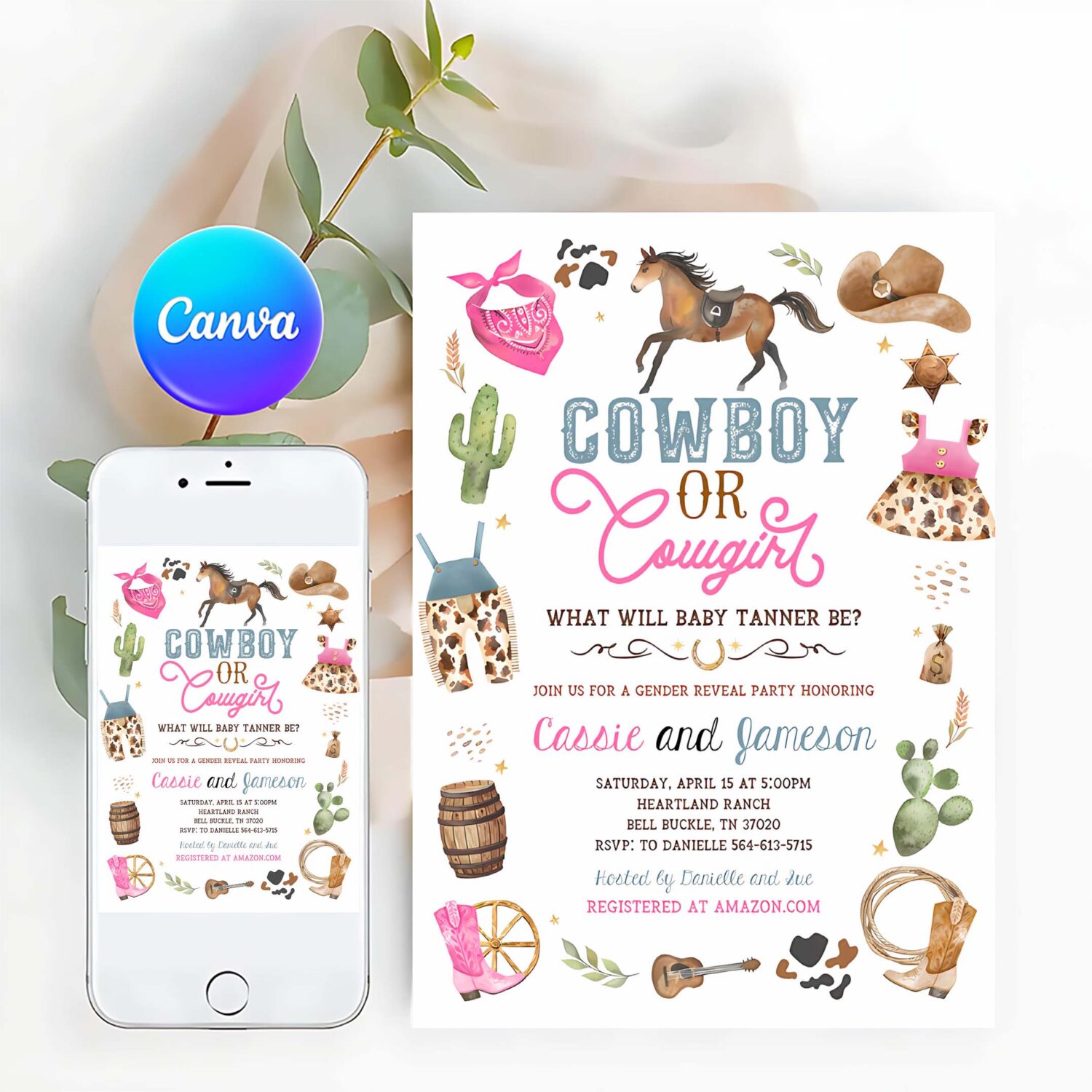 Cowgirl or cowboy gender reveal invitation boy or girl wild west baby shower invite