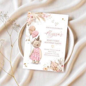 Cute teddy bear 1st birthday invitation girl boho teddy bear picnic summer beary first one 1