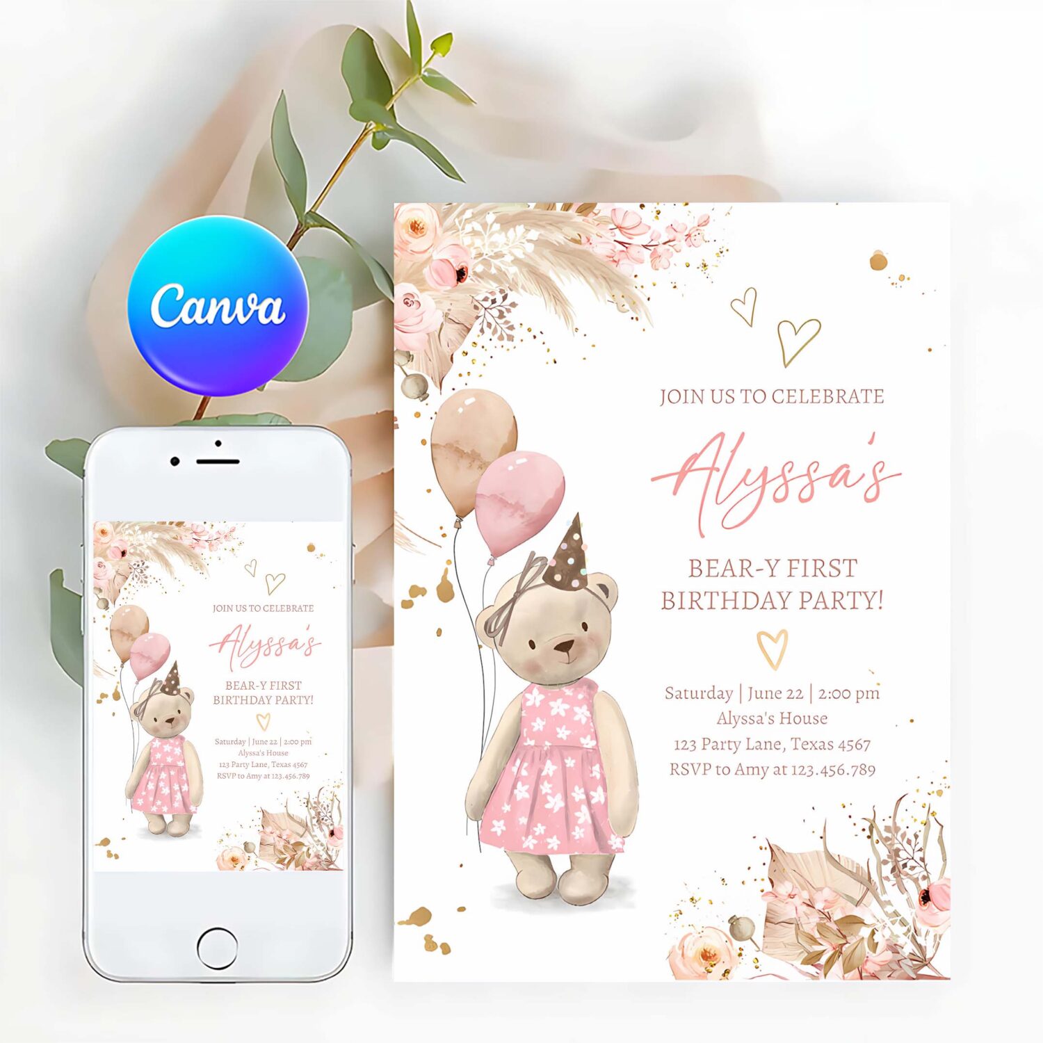Cute teddy bear 1st birthday invitation girl boho teddy bear picnic summer beary first one