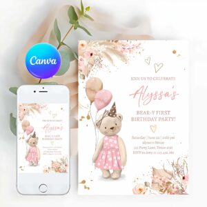Teddy Bear Invitation, Cute Teddy Bear 1st Birthday Invitation, Girl Boho Teddy Bear Picnic Summer Beary First One