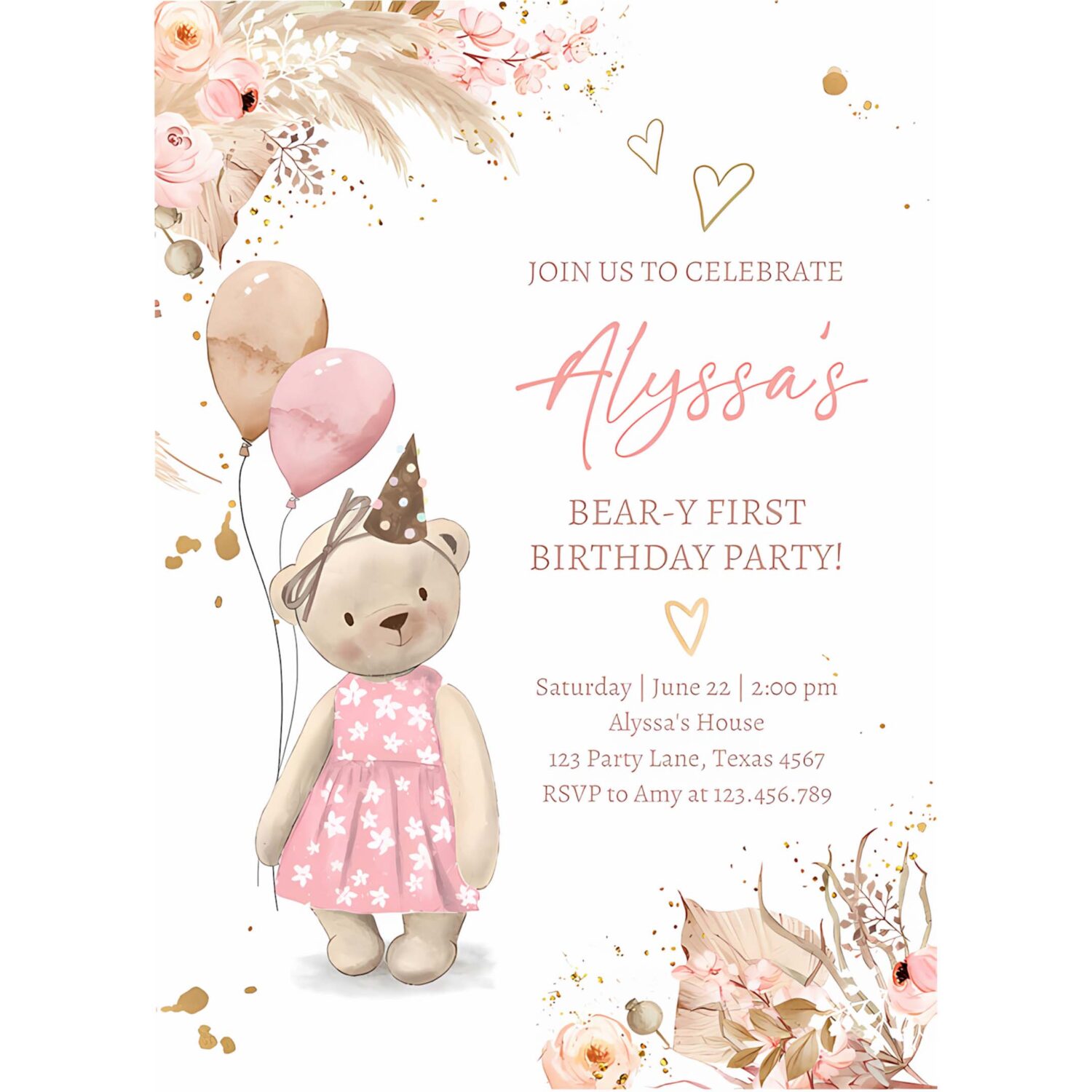 Cute teddy bear 1st birthday invitation girl boho teddy bear picnic summer beary first one 4