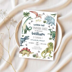 Dinosaur birthday invitation girl three rex party invitation digital dinosaur invitation 1