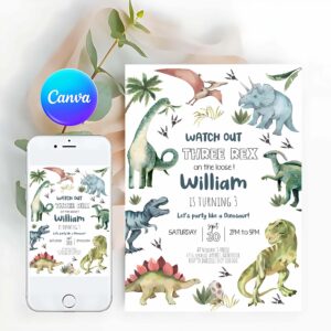 Dinosaur Invitation, DINOSAUR BIRTHDAY Invitation, Girl Three Rex Party Invitation, Digital Dinosaur Invitation
