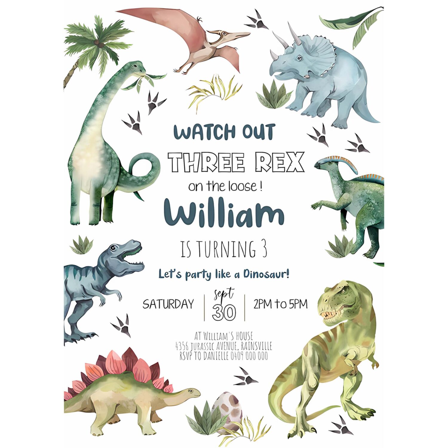 Dinosaur birthday invitation girl three rex party invitation digital dinosaur invitation 4