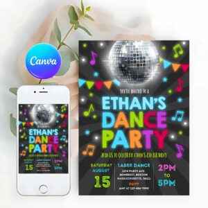 Neon Invitation, Dance Party Invitation, Neon Glow Dance Party, Disco Dance Party Invitation