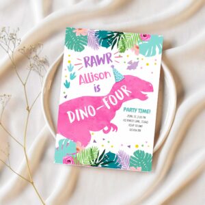 Dino four pink dinosaur girl 4th fourth birthday invitation m20d 1