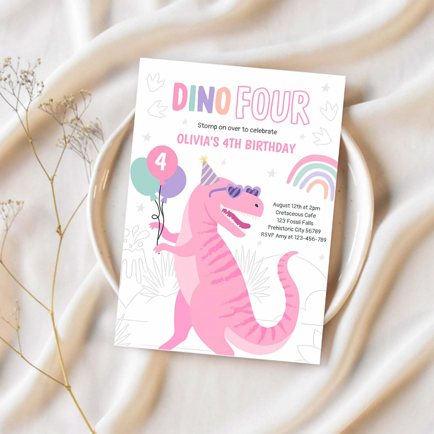 Dino four pink t rex dinosaur 4th birthday party invitation l59i 1
