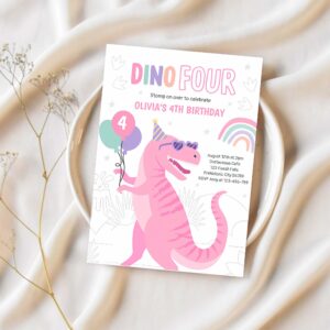 Dino four pink t rex dinosaur 4th birthday party invitation l59i 1