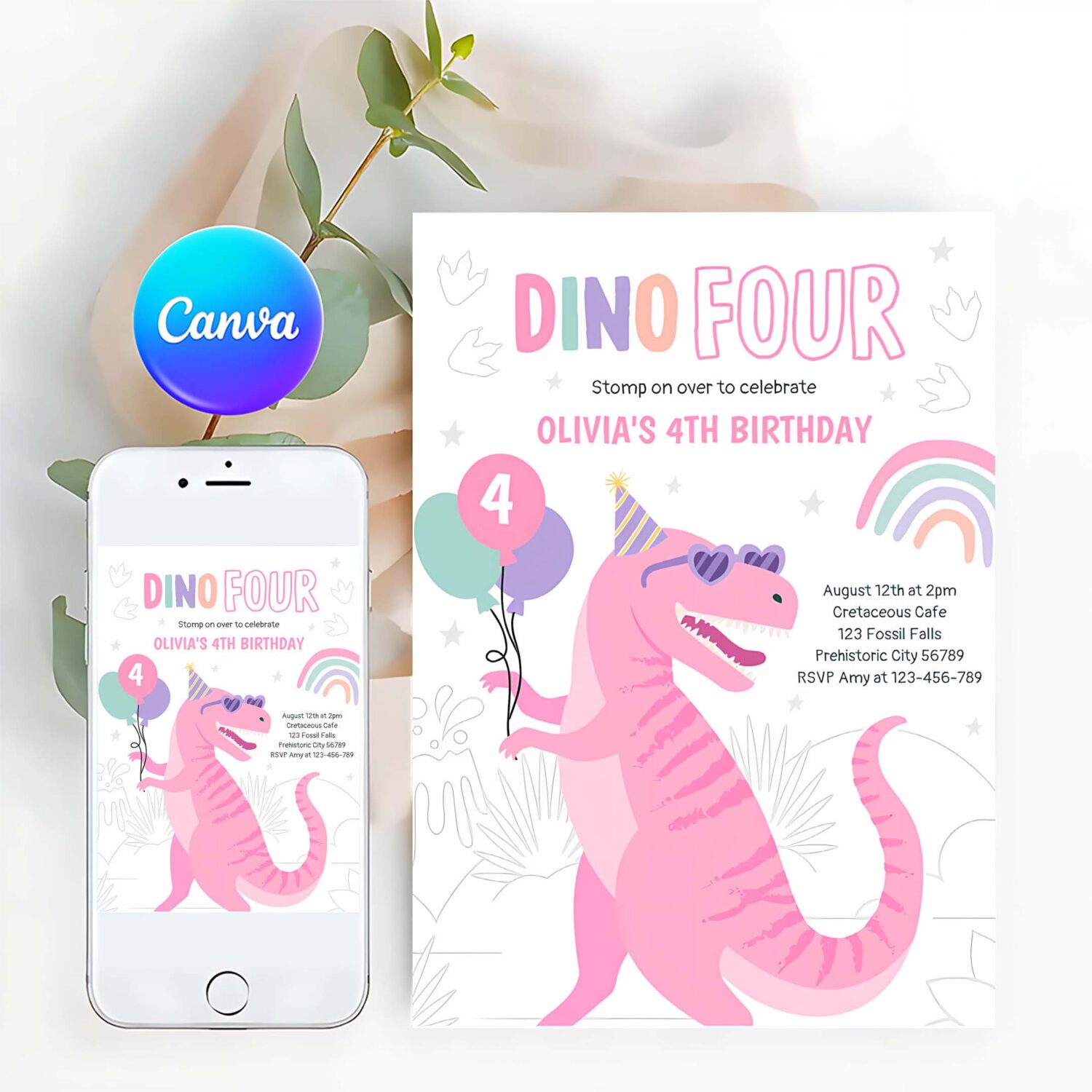 Dino four pink t rex dinosaur 4th birthday party invitation l59i