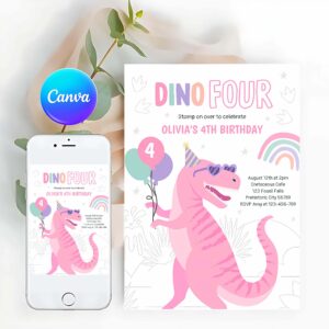 Dino Four Invitation, Dino Four Pink T-Rex Dinosaur 4th Birthday Party Invitation