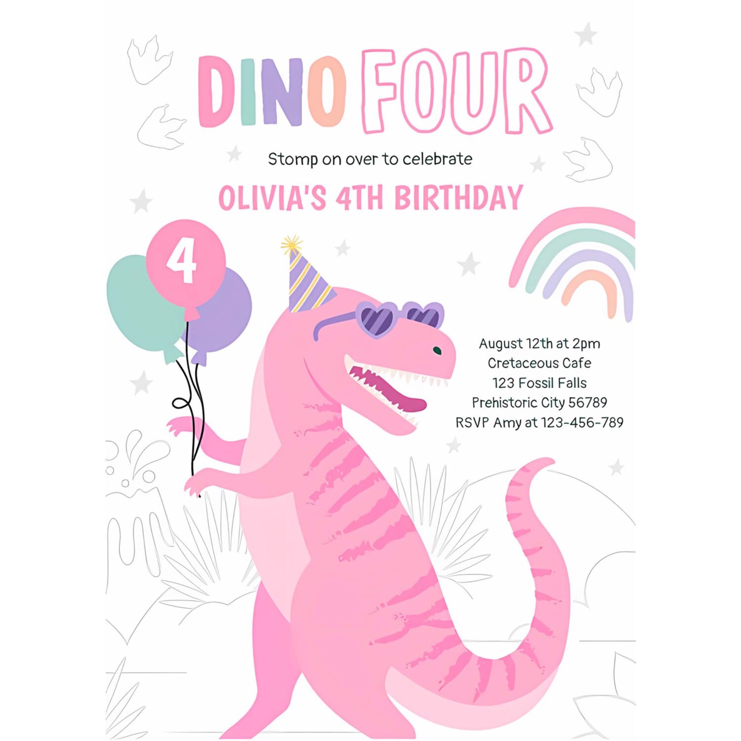 Dino four pink t rex dinosaur 4th birthday party invitation l59i 4